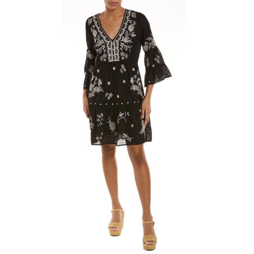 Johnny Was Arzella Tiered Dress Black White Embroidered Dress